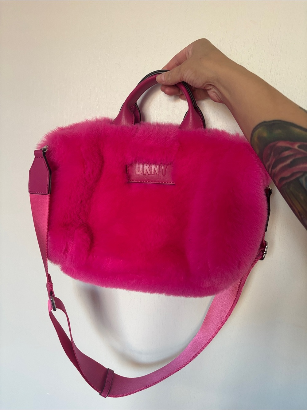 DKNY Hot Pink Faux Fur Shoulder Bag with Adjustable Strap